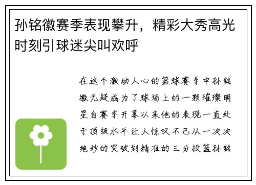 孙铭徽赛季表现攀升，精彩大秀高光时刻引球迷尖叫欢呼